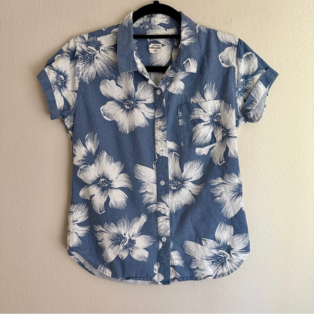 Bridge & Burn Womens Blue Floral Short Sleeve Button-Down Shirt Linen Blend XS